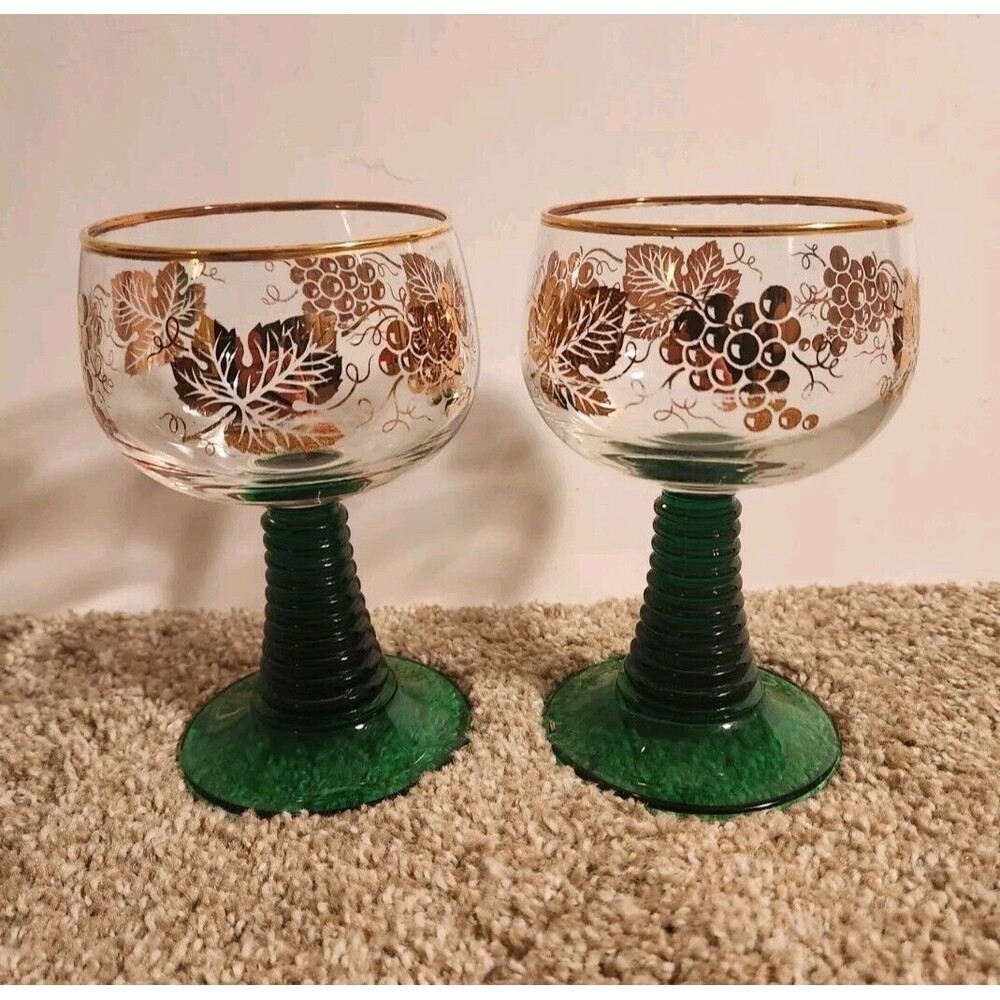 Set 2 Vintage Bockling Roemer Beehive Wine Glass Green Stem 5 inches Gold Leaf